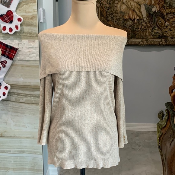New York & Co. 7th Avenue Tan Off Shoulder Wide Layered Ribbed Sweater Size M - Picture 1 of 7